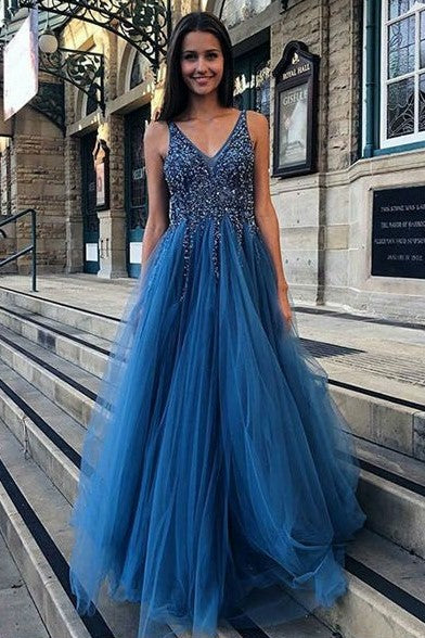 Ocean Blue Tulle Prom Dress with Beaded ...